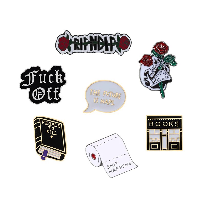 

shshd Rose Skull Brooch Funny Book Roll Paper Enamel Pin Bag Badges Denim Jackets Lapel Pins Women Cartoon Jewelry for Kids Gift