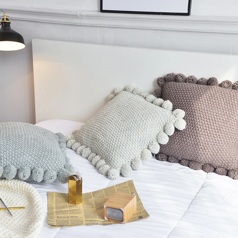 Вязаные чехлы для подушек, однотонный серый кофейный чехол для подушки в скандинавском стиле с шариками 45*45 см, мягкий чехол для дивана, кровати, комнаты, домашнего декора