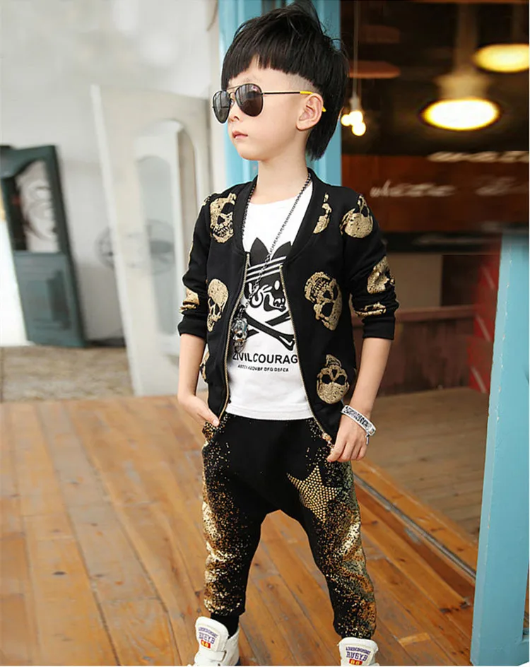 

Spring Autumn Boy Personality Gold Skull Printing Long Sleeve Tracksuit Sets Children Casual Sport Suits Kids Baseball Set