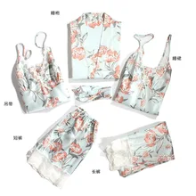 Пикантные Домашняя одежда пижамы Для женщин 5 шт ремень Топ и штаны костюм пижамы наборы Весна Летняя одежда для сна банный халат-кимоно халат M-XL