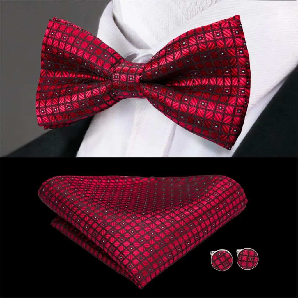 Hi-Tie Silk Bow Ties for Men Red Bowtie Pocket Square Cufflinks Set Butterfly Tie Set Men