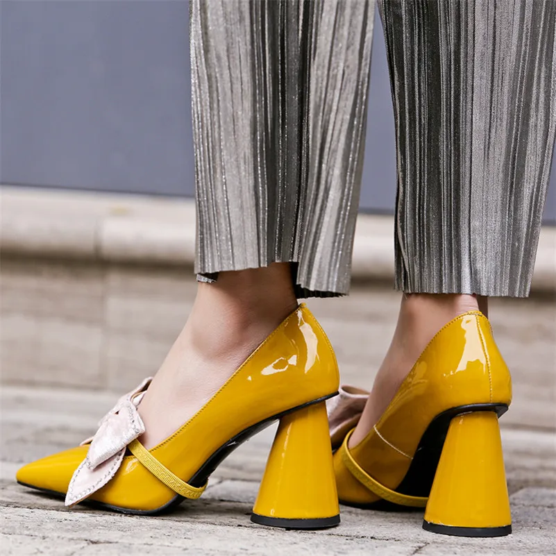 MStacchi Spring New Fashion Patent Leather Women Pumps Super High Heels Pointed Toe Slip-On Sweet Bowtie Party Shoes Women Shoes
