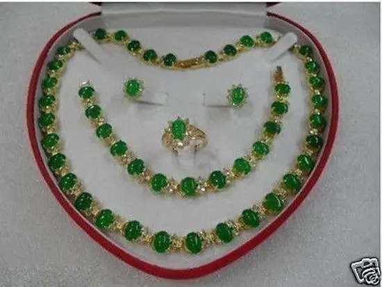 

Hot selling> green jade necklace bracelet earring ring set NEW -Bride jewelry free shipping