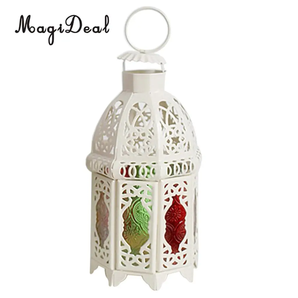 Moroccan Vintage Metal Hollow Glass Moroccan Hanging Tea Light Holder Candle Lantern Xmas Decor