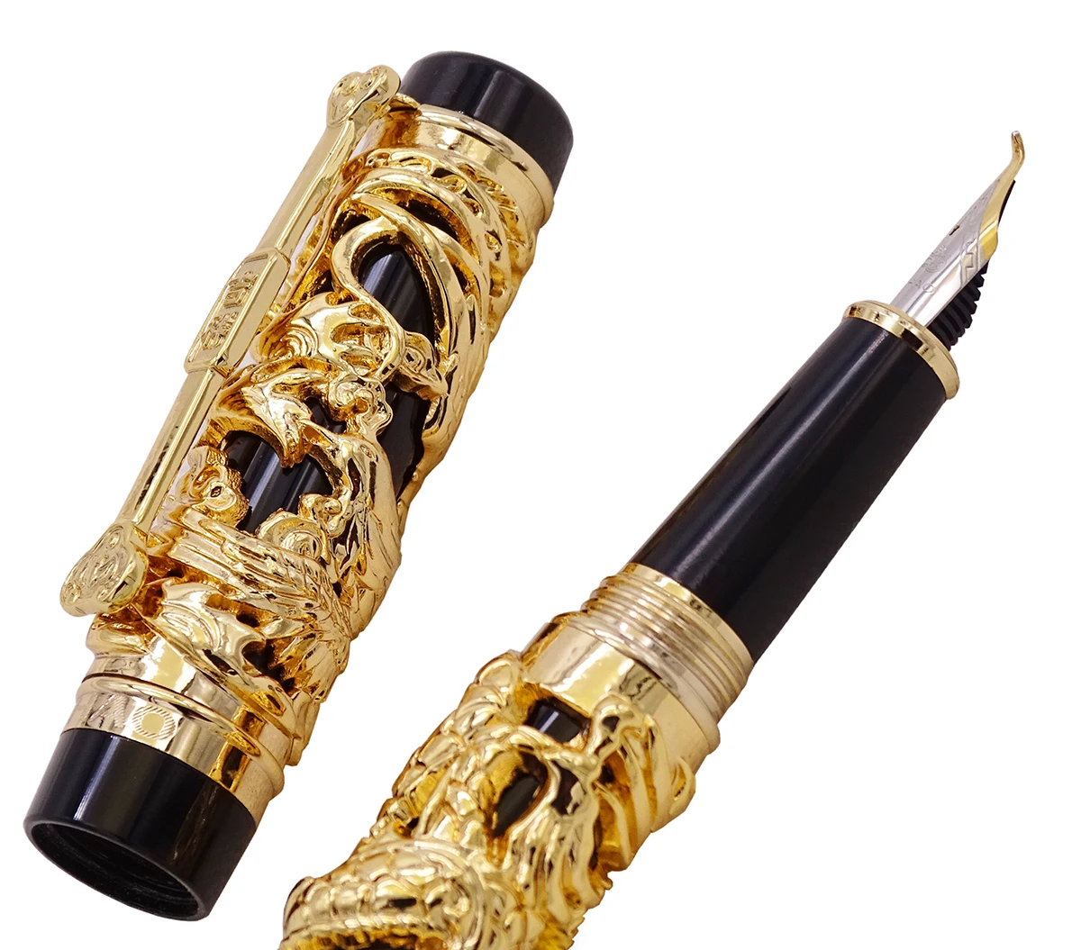 Jinhao Dragon Phoenix винтажная роскошная ручка для каллиграфии перьевая ручка изогнутое перо полностью Металлическая Золотая и черная резьба для художественного офиса подарок