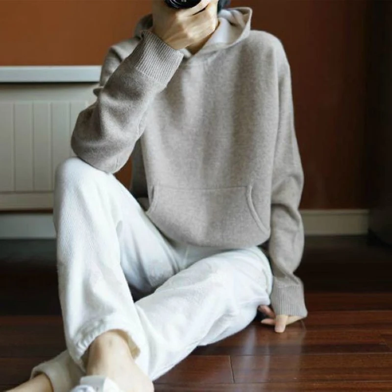 

Spring Winter Cashmere Wool Sweater Women Sweaters Knitted Hooded Warm Lady's Grade Up Jumpers and Pullovers with Pockets