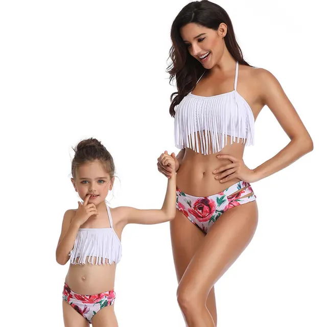 matching outfits mom daughter swimsuits Tassel mom baby swimwear family look mommy And me clothes Bikini high waist Floral 2019