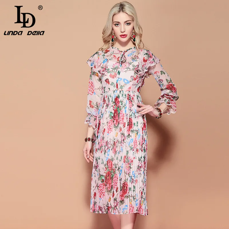 LD LINDA делла модное подиумное летнее платье женское с длинным рукавом винтажное с цветочным принтом Плиссированное с драпированными оборками шифоновое платье - Цвет: Многоцветный