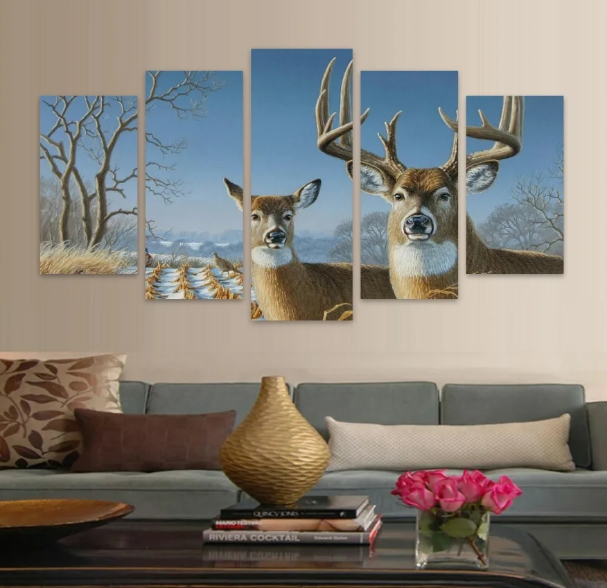 

Framed Poster Wall Art Pictures HD Printed Canvas Home Decoration 5 Panel Deer Landscape Living Room Cuadros Modular Painting