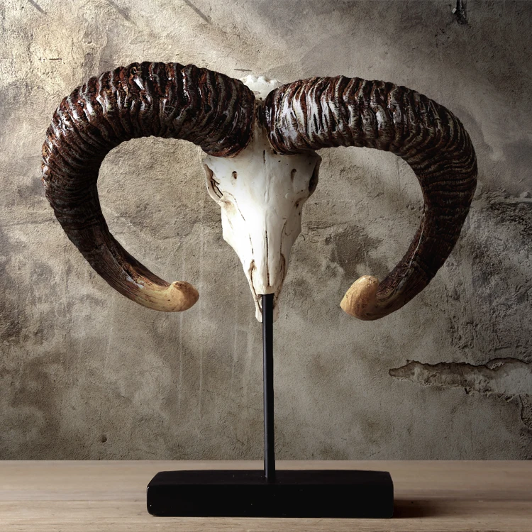 Antique Wild Goat Skull Sculpture Handmade Resin Ibex Horn Art and