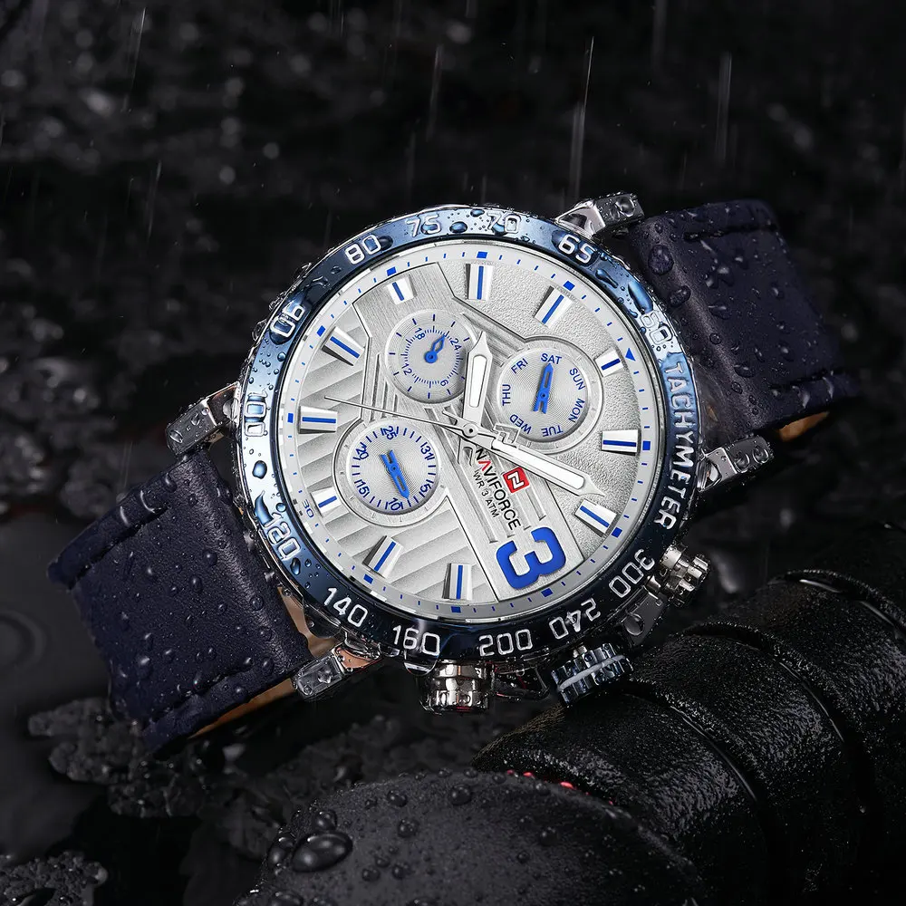 

NAVIFORCE New Fashion Blue Quartz Mens Watches Top Brand Luxury Leather Strap Waterproof Military Watch Chronograph Wristwatch