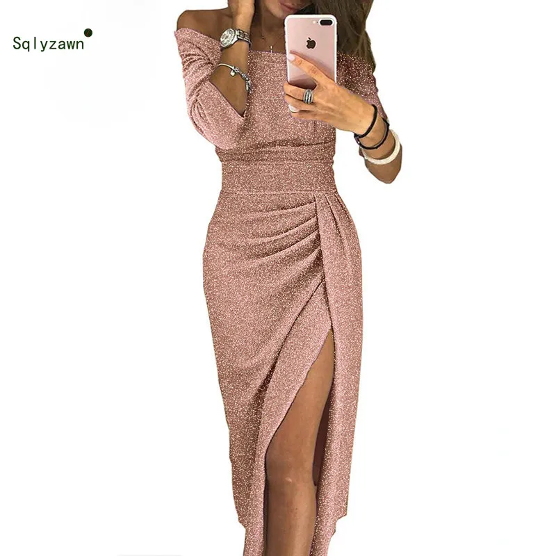 

10 Color Sexy Dress Plus Size Winter Dresses Party Night Club 2019 Autumn Women Slit Ladies Dress Slash Neck Long Sequin Dress