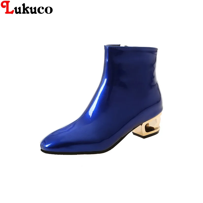 

Lukuco 2018 Large Size 34-48 Fashion Motorcycle Women Boots Warm Plush Low Heel Female Blue Boots Free Shipping Female Botas