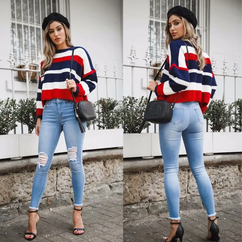 yinlinhe Color Striped Knitted Sweater Women Long Sleeve Autumn Winter Loose Jumper Pullover Female Tops Out Wear 3