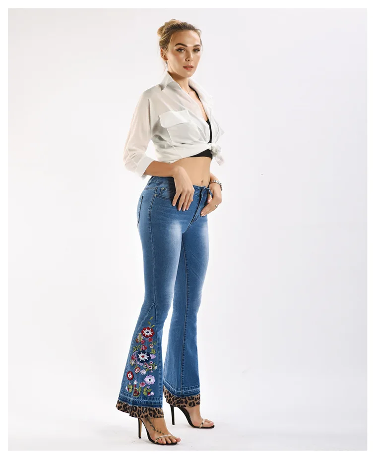 Женские джинсы-клеш с вышивкой леопардовой расцветки в стиле пэчворк, эластичные женские джинсы с расклешенным низом, тянущиеся женские джинсы большого размера#09