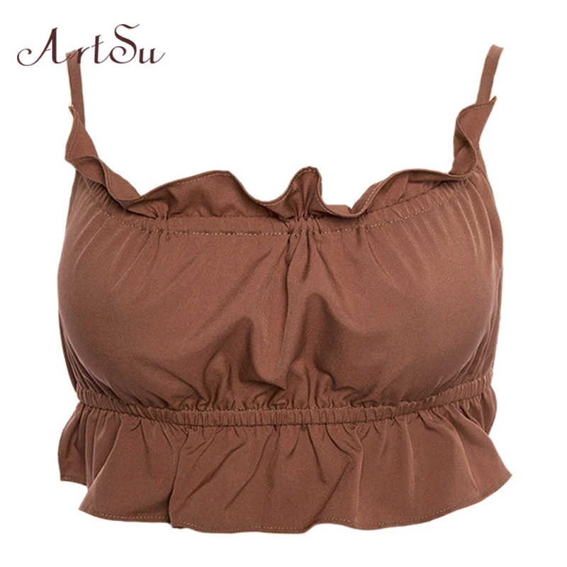 

ArtSu Vintage Sexy Ruffle Bustier Crop Top Backless Sleeveless Spaghetti Strap Top Beach Bohemian Camisole Top Camis ASVE20308