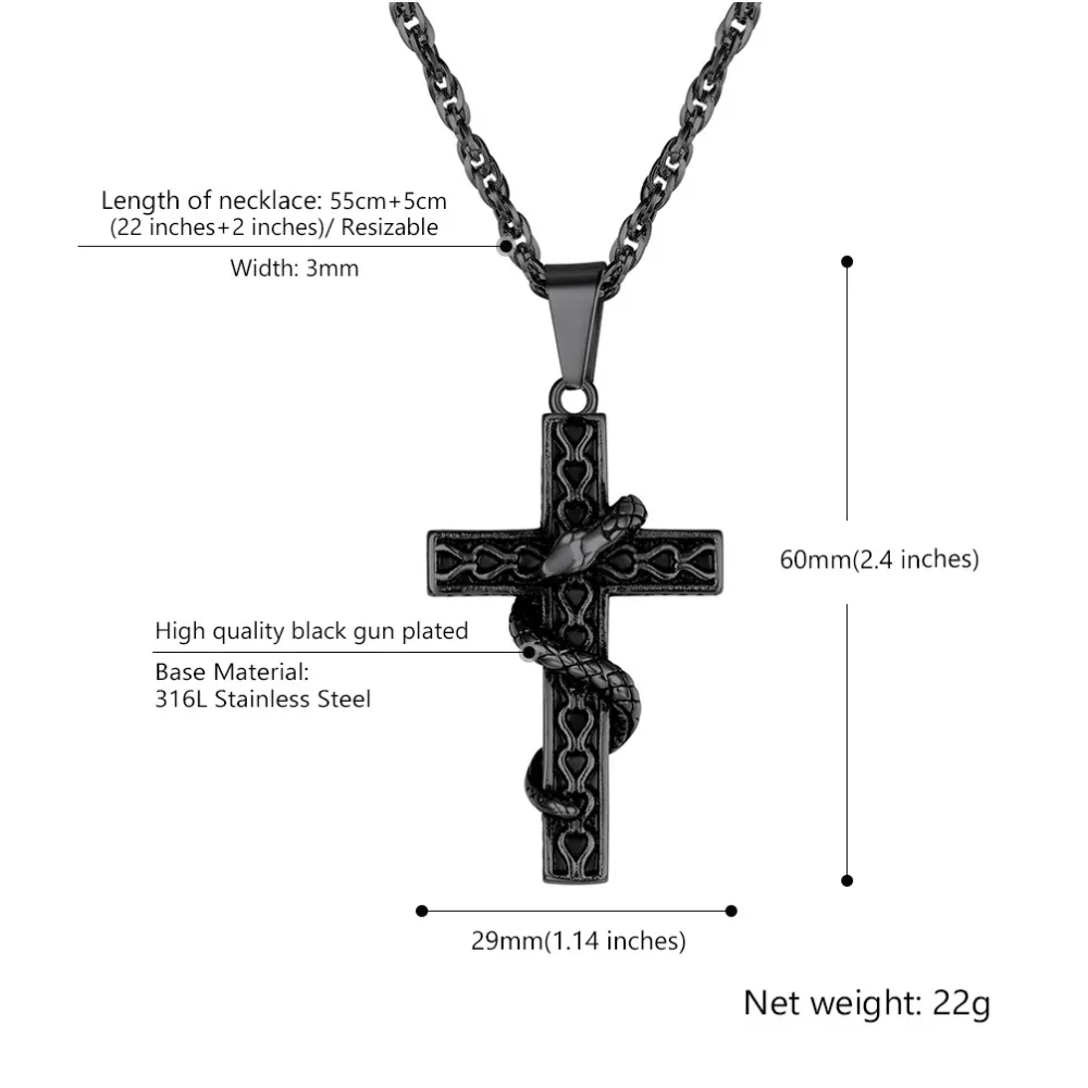 U7 мужской крест из нержавеющей стали 316L со змеиным кулоном, ожерелье s панк золотого цвета, Мужская цепочка с животным, ювелирное изделие, подарки P1222
