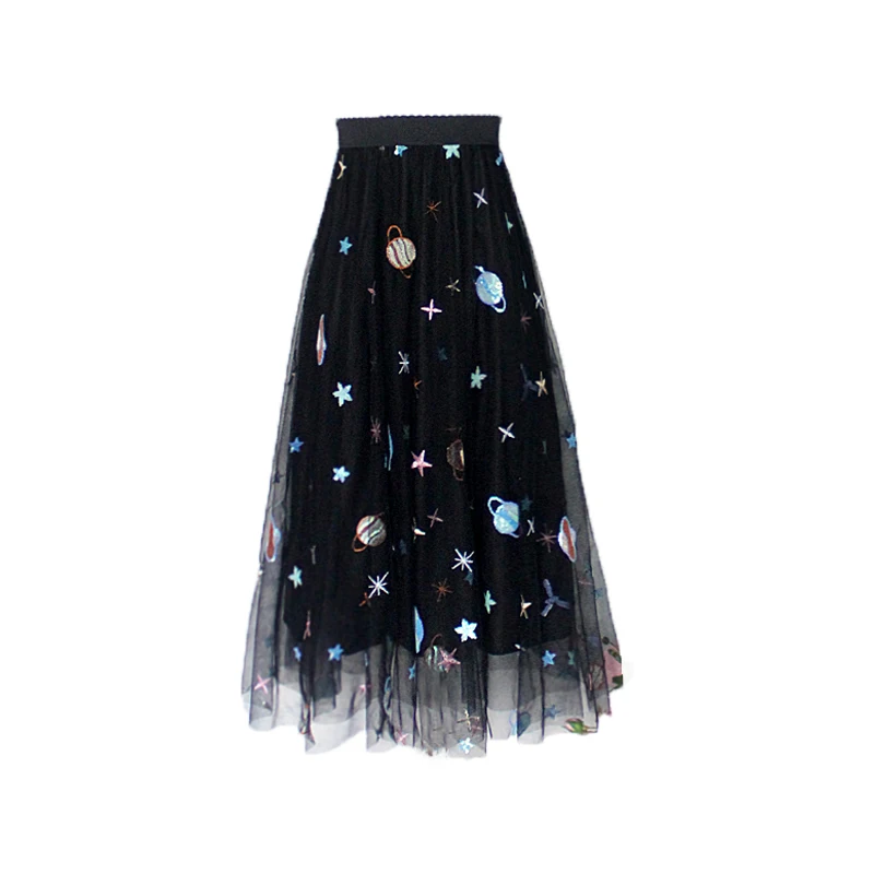 

New Arrival Women Spring Autumn Embroidery Printing Skirt Mid Calf Sky A Line Skirt XHSD-3129