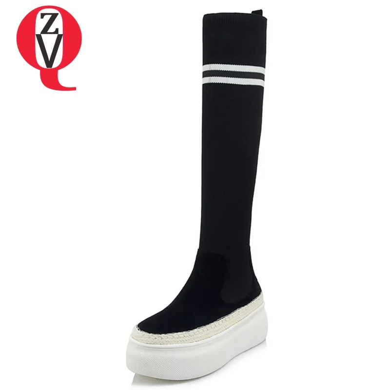 

ZVQ 2018 newest cow suede and stretch fabric round toe slip-on high muffin bottom rivet winter outside women knee high boots