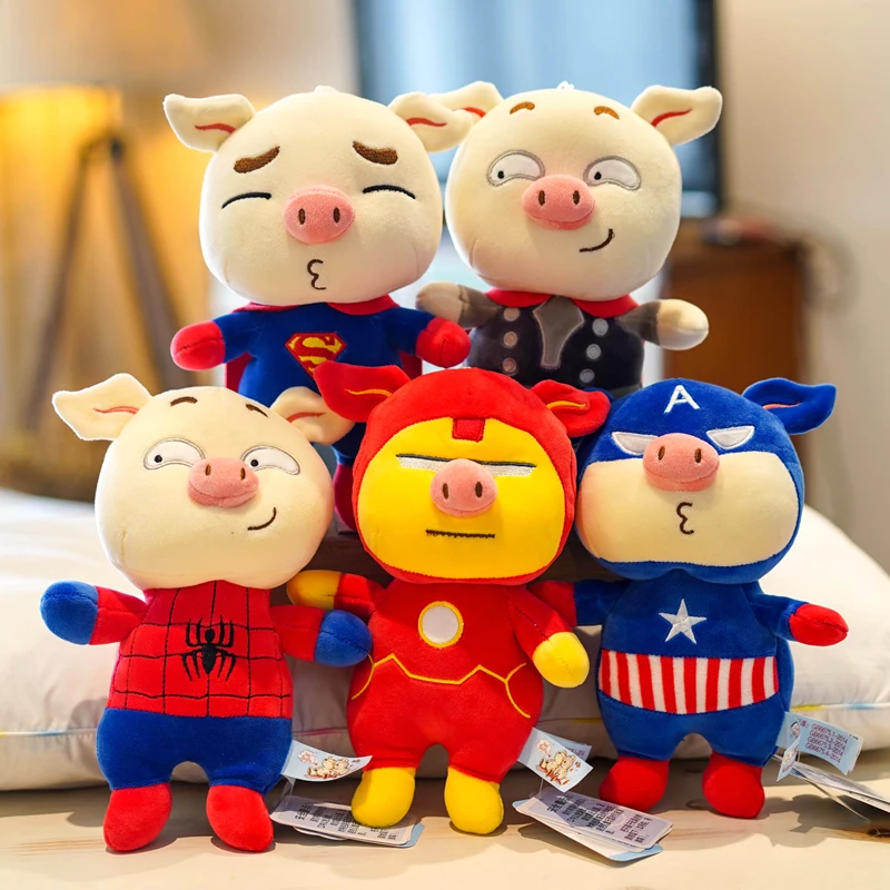 

candice guo! cute plush toy pig turn to superman Captain America Spider man Iron Man Thor stuffed doll boy kids birthday gift 1p
