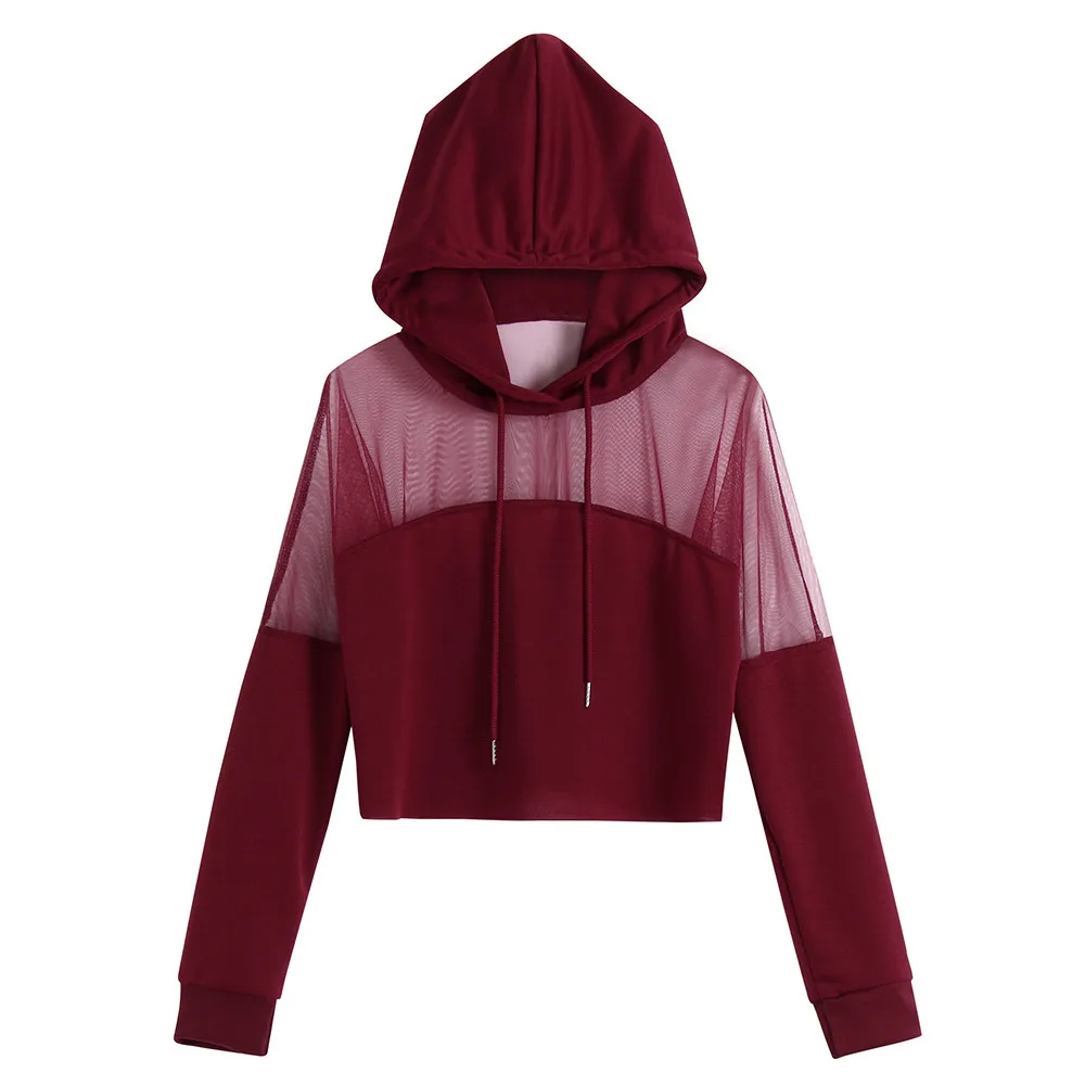

Women sweatshirts Mesh Solid Blouse Splice Shirt Long Sleeve Hooded Coat hoody ladies hoodies for women hoodie feminino