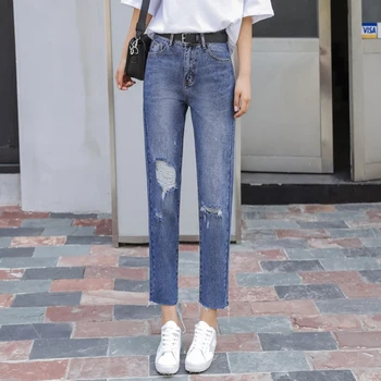 

Women's Jeans Korean Punk Harajuku Ulzzang Hole Loose Thin Hole Wild Nine Pants Female Cute Japan Kawaii Clothing For Women