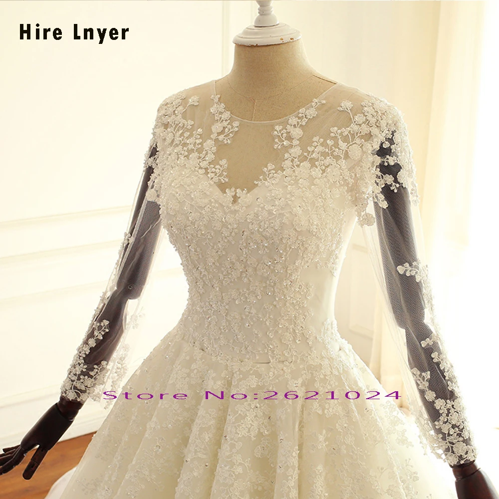 Нанимайте LNYER Свадебные платья принцессы с длинными рукавами элегантные гелинлик аппликации бисером Свадебные платья с жемчугом халат Mariage