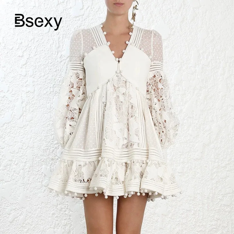 

High-end women dress 2019 Sexy Hollow Out Solid White Dress SUmmer Lantern Sleeve Smock Trim A line Boho Chic Dress