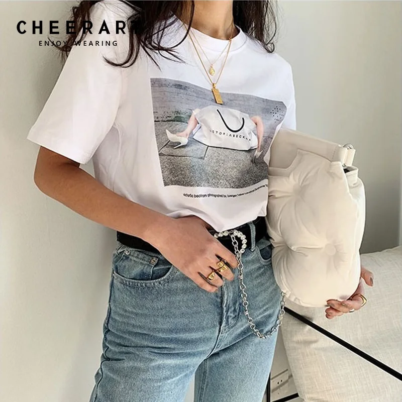 Cheerart 100% القطن T قميص المرأة الصيف 2019 الأبيض قمم الجرافيك مطبوعة التي شيرت عارضة الأساسية المحملة قميص فام ملابس عصرية Cheerart 100% القطن T قميص المرأة الصيف 2019 الأبيض قمم الجرافيك مطبوعة التي شيرت عارضة الأساسية المحملة قميص فام ملابس عصرية