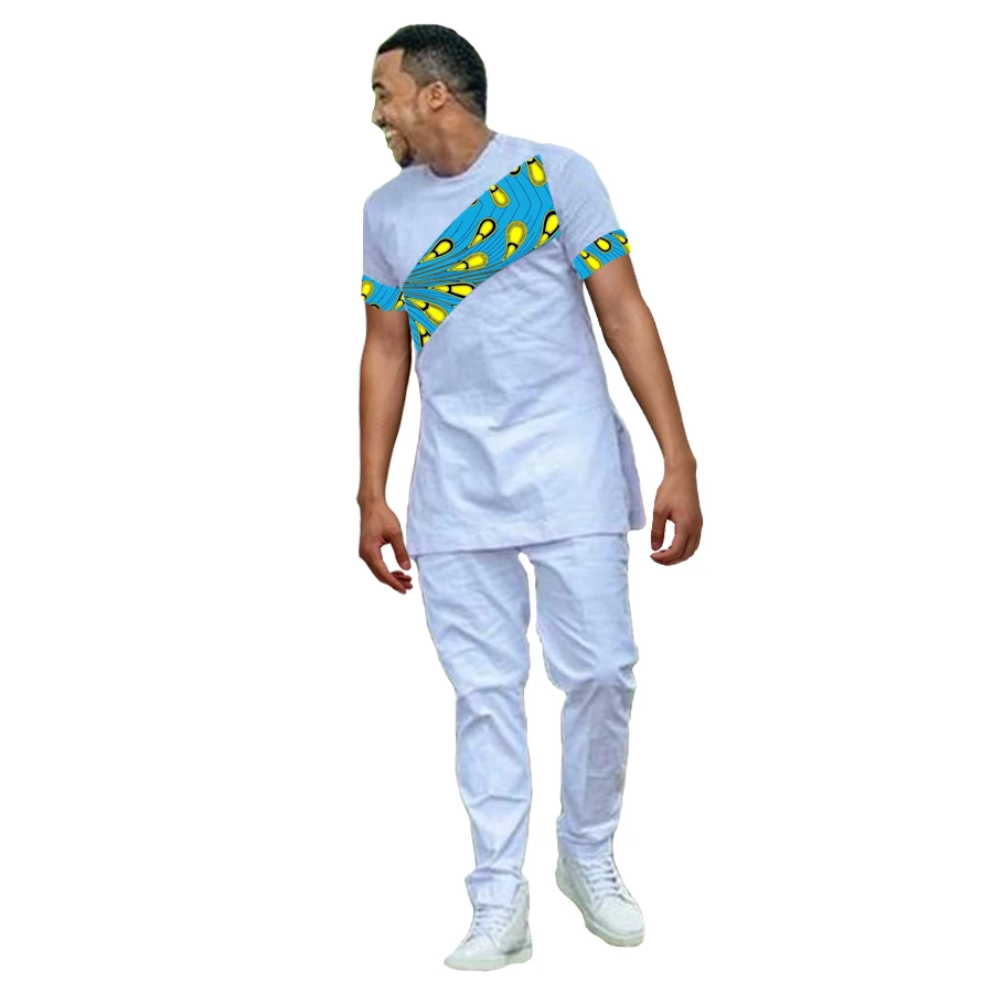 Модная мужская Африканский принт Для мужчин Костюмы разнотканные Топы комплект футболка и штаны комплекты праздничный костюм Африканский