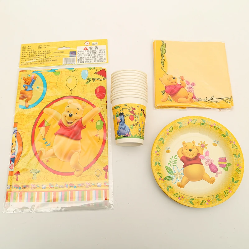

45pcs Disney Winnie the pooh Theme Cup+Plate+Straw+Tablecloth Disposable Tableware Sets Birthday Party Decorations For Kids