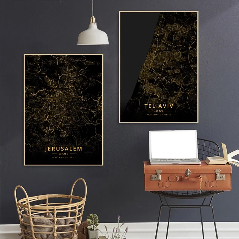 

Tel Aviv Jerusalem Israel City Map Gold Map Canvas Art Print Wall Pictures for Living Room No Frame