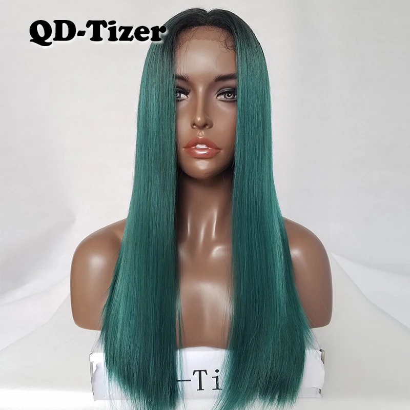 

QD-Tizer Long Straight Hair Lace Wig Green Ombre Color Black Root Heat Resistant Synthetic Lace Front Wigs for Women