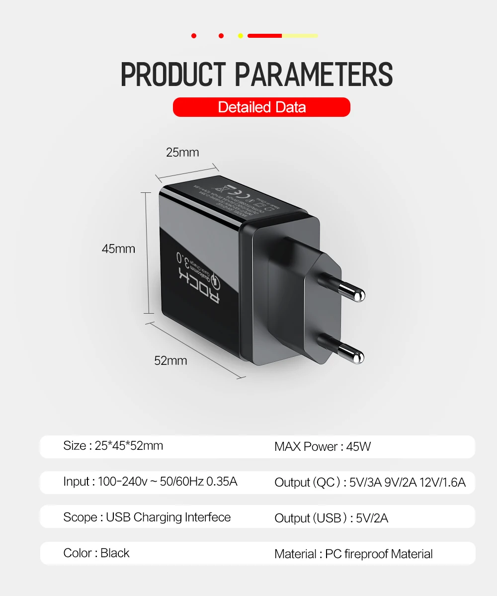 ROCK USB зарядное устройство QC 3,0 30 Вт светодиодный дисплей Быстрая зарядка телефона ЕС настенный адаптер турбо Быстрая зарядка для iPhone Xiaomi samsung huawei