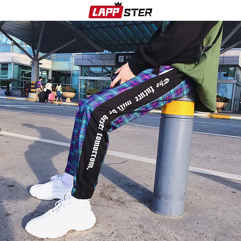 LAPPSTER الرجال الشارع الشهير منقوشة السراويل ركض 2019 رجل خليط الأزرق Sweatpants Ankel طول القطن الهيب هوب السراويل الترنك السراويل