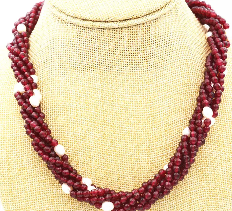 

Stunning! 6 row White Pearl Natural Garnet faceted Necklace 18 " WW