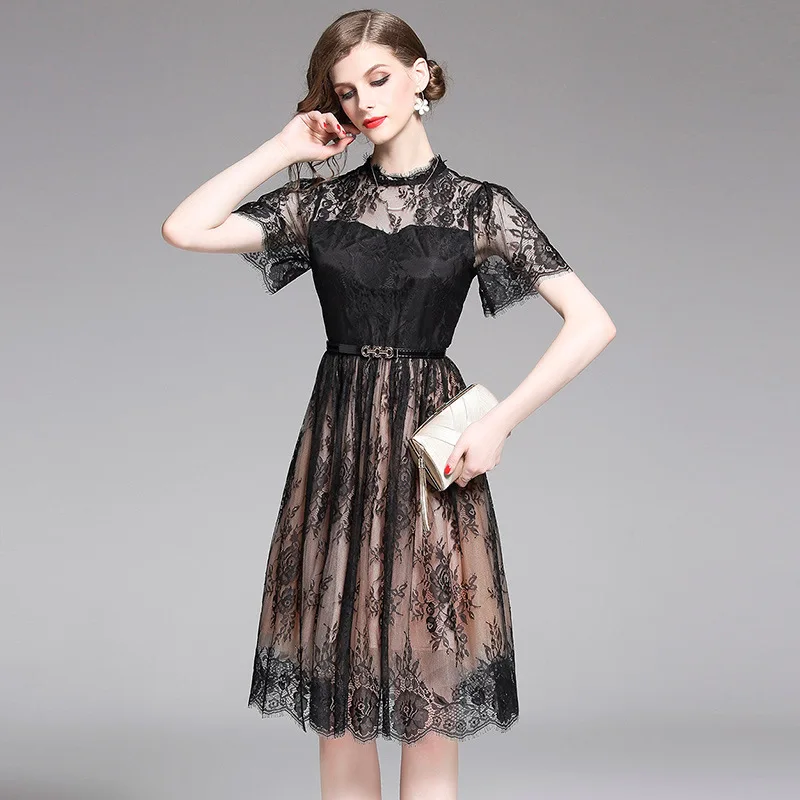 

GEJIAN Women Stitching Lace Dress 2019 Summer Women Short Sleeve Temperament Elegant Dress Club Fashion Party Dress Vestidos