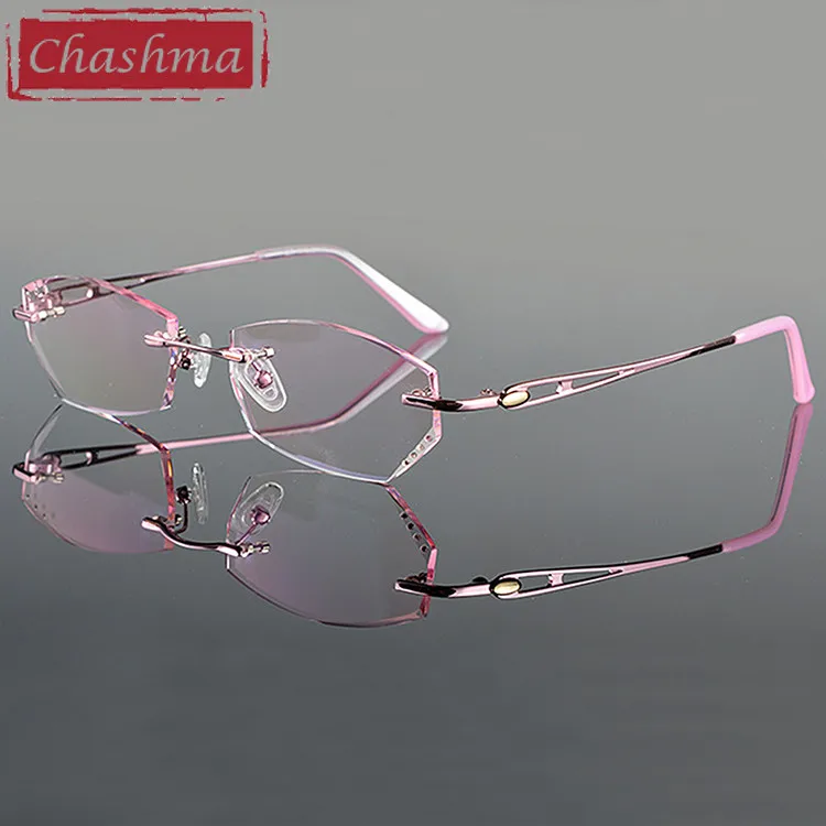 Чашма Роскошные тонированные линзы близорукость очки для чтения Алмазная резка без оправы титановые очки рамка для женщин - Цвет оправы: Pink