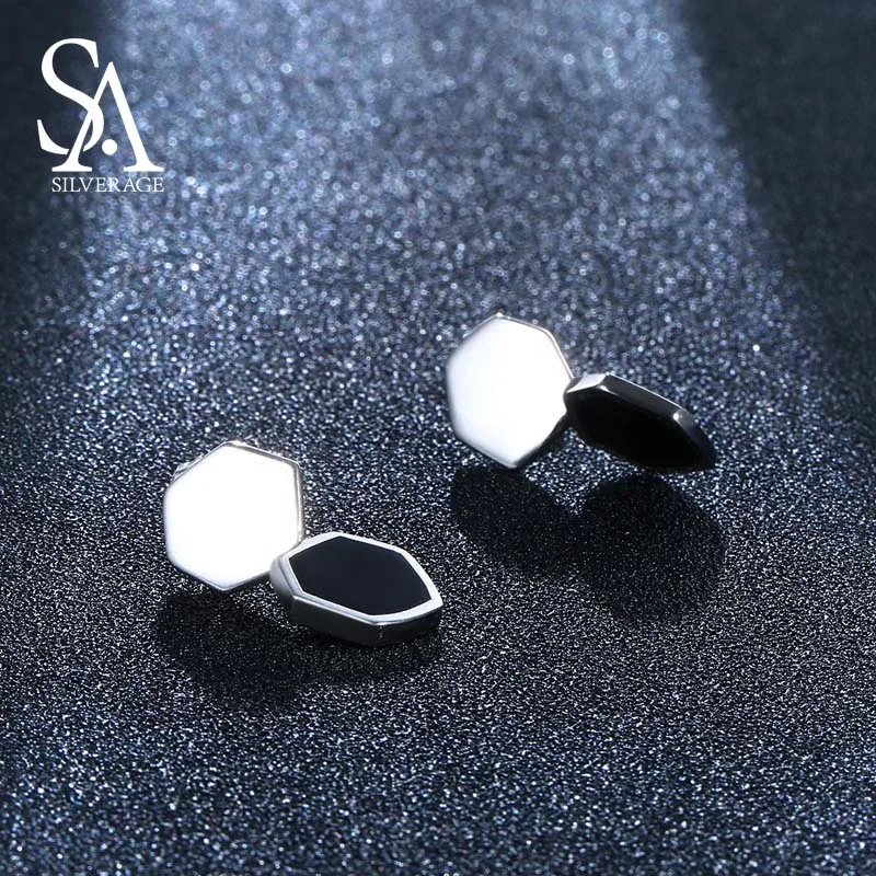 SA SILVERAGE Real 925 Sterling Silver Hexagon Stud Earrings For Women 