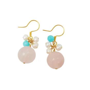 

LiiJi Unique Natural Stone Rose quartz Amazonite Freshwater Pearl Beads 925 Sterling Silver Dangle Earring