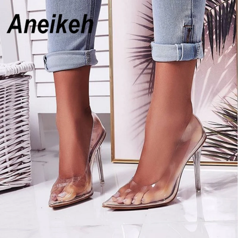 

Aneikeh 2019 Summer New Fashion PVC Transparent High Heels 11cm Thin High Heel Shallow Mouth Pointed Sexy Women's Shoes apricot