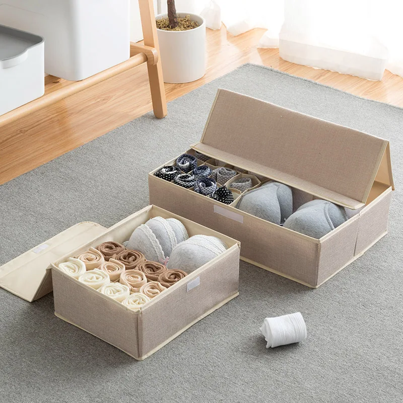 

2 Types Cotton Line Underwear Organizer Bra Socks Stortage Box With Cover 1pcs Home Quality 13-17 Cells Wardrobe Organizadores