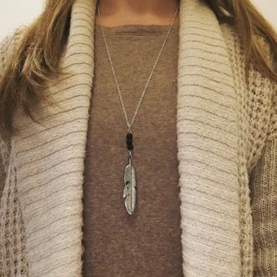 

Long and large arrowhead pendant necklace is stylish and versatile with volcanic stone beads S010