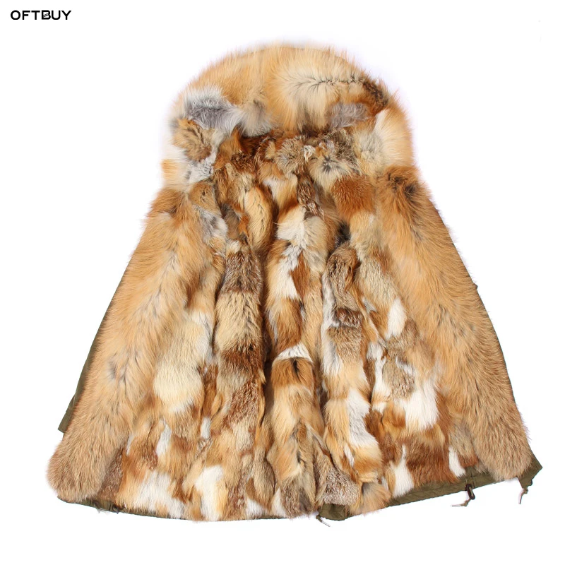 

2019 Real Fur Coat Winter Jacket Women Long parka Big Natural Raccoon Fur Collar Hood fox fur liner long army green coat warm
