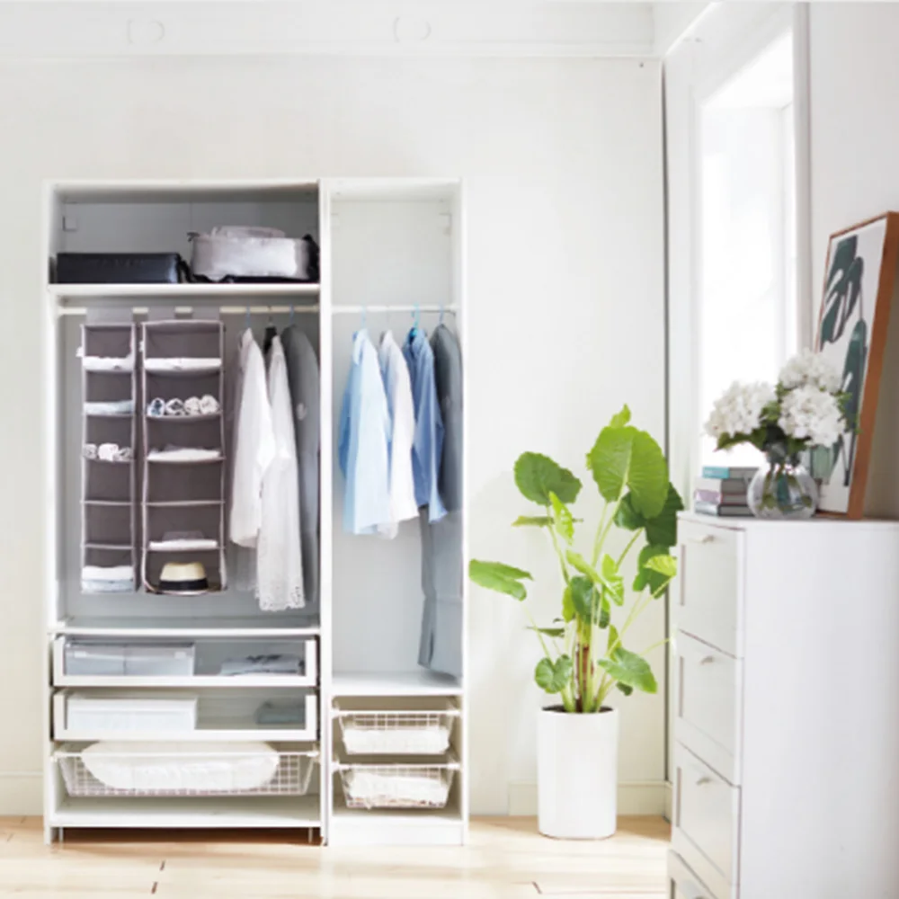 

Foldable 6-Shelf Fabric Hanging Closet Organizer for Accessory and Clothes Storage with Garment Rod Closet Organizer