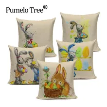 Happy Easter Cute Smiling Bunny Rabbit Color Eggs Home Cotton Linen Throw Pillow Case Personalized Cushion