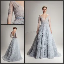 Erstaunliche Tiered A-Line Prom Kleider 2016 New Fashion V-ausschnitt spitze Halbe Sleeve Sash Backless Abendkleid Vestido de festa XY153