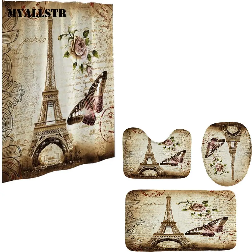 

Bathroom Mat Shower Curtain Set Print Toilet Seat Cushion Non-slip Bath 1 x Cover, 1 x Carpet, 1 x U Carpet Mat