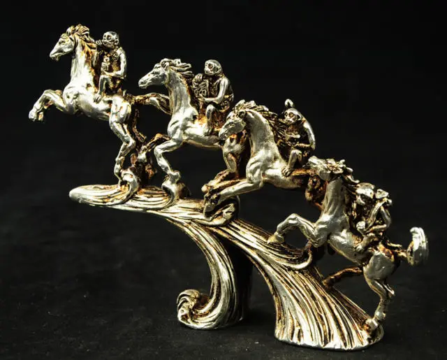 China Old Small Collectibles Miao Silver Monkey /& Horse Statues