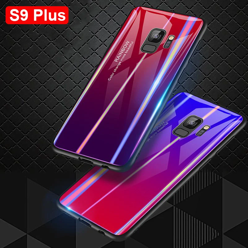Case For Samsung Galaxy S9 Plus Gradient Color Laser Aurora Anti-Scratch Tempered Glass Back Cover S9+ G9650 shell | Мобильные